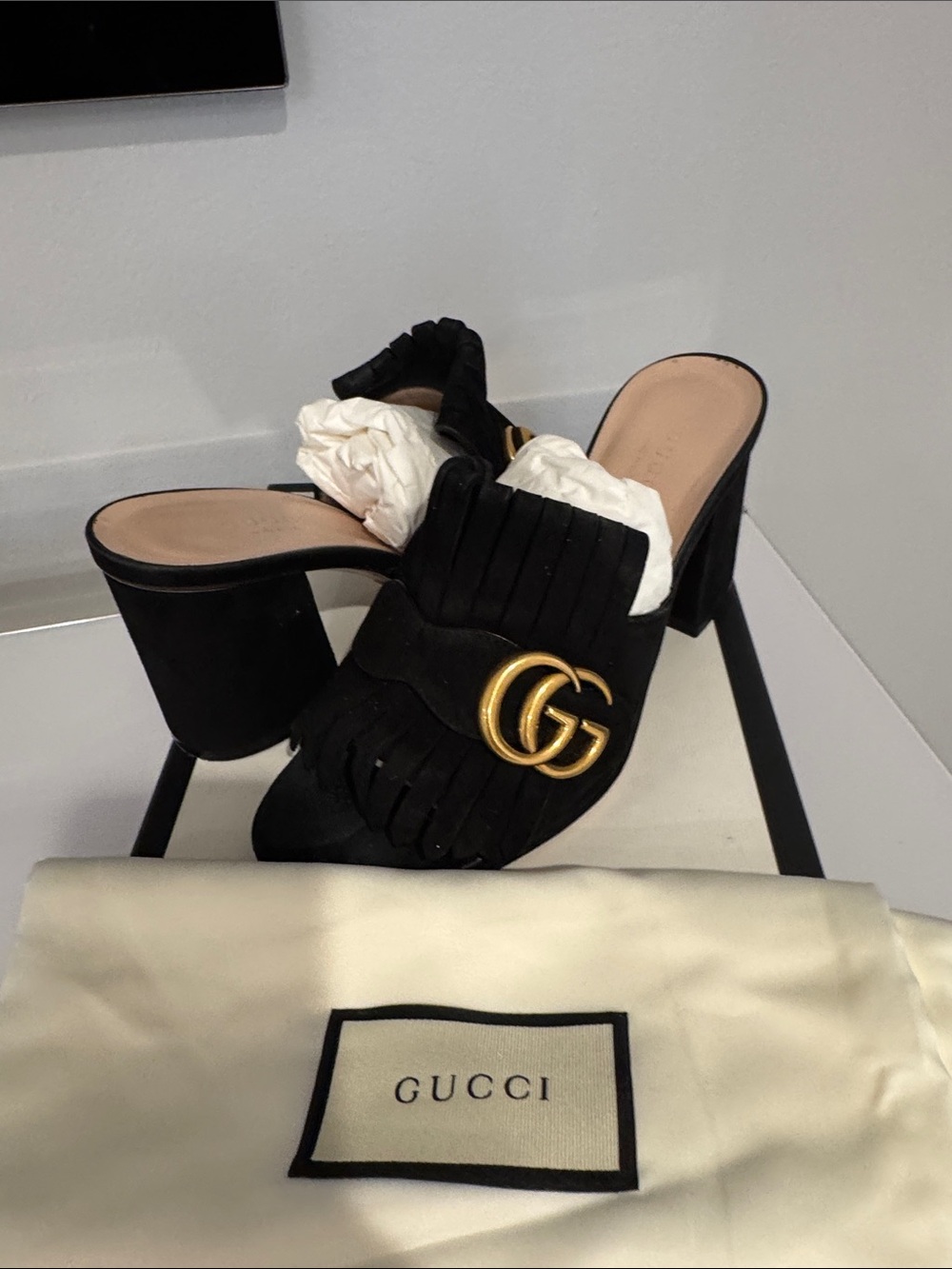Gucci Black Suede Kiltie Mules with Gold Double G